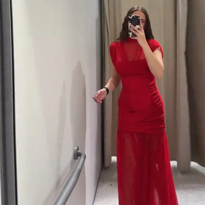 Robe longue de soirée plissée rouge Chic, élégante, manches volantes, maille, Patchwork, Maxi, vacances d'été, plage