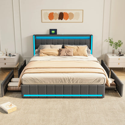 Lit capitonné 140/160x200 cm, tête de lit avec éclairage LED et fonction de chargement USB, lit double avec 4 tiroirs, lit fonctionnel