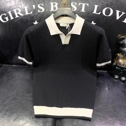 T-shirt à manches courtes en soie glacée pour hommes, pull tricoté à revers contrasté, tendance et personnalisé, décontracté, nouvelle collection été