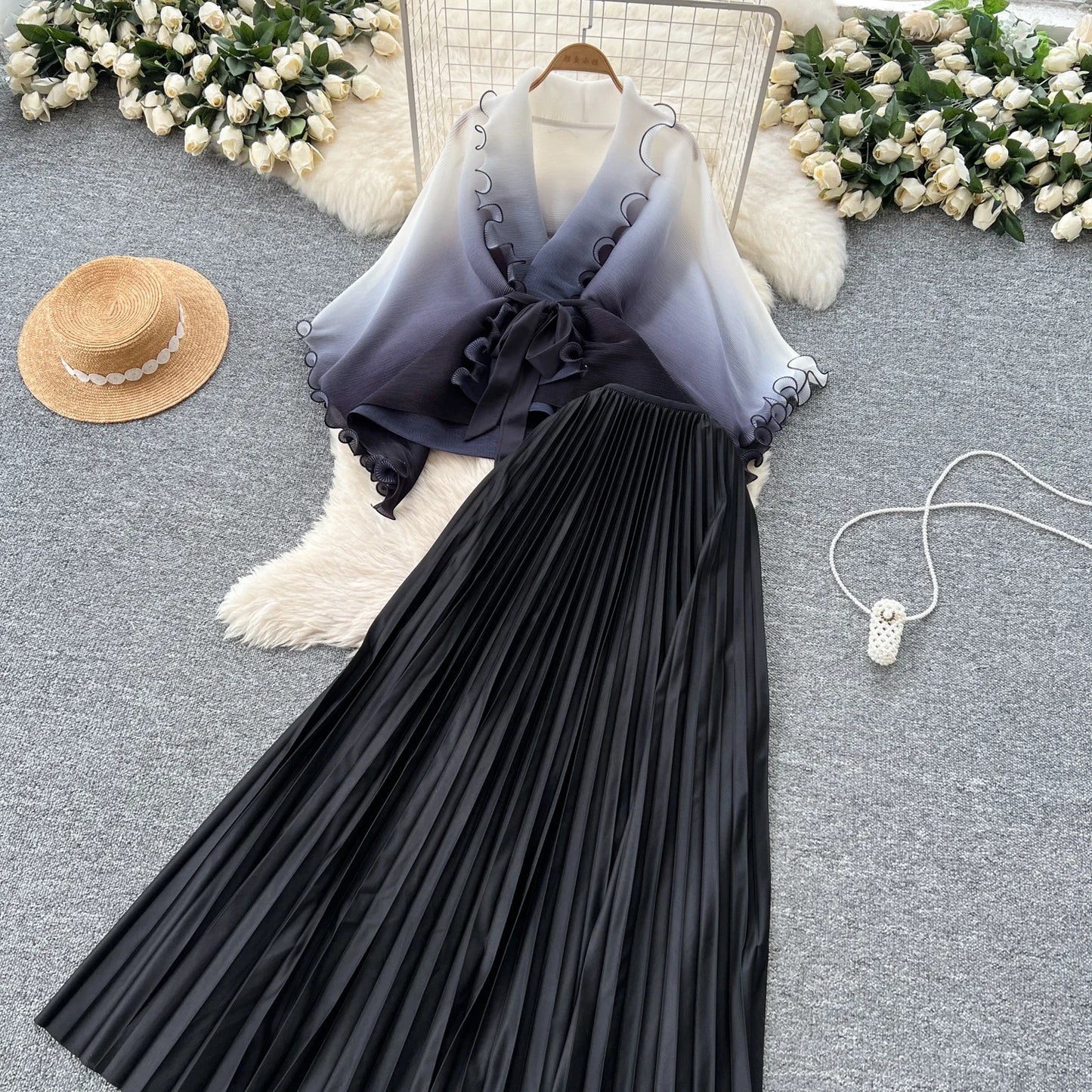 Miyake pli changement progressif couleur bord ondulé costume soleil jupe plissée à la mode et élégant deux pièces ensembles tenues pour femmes