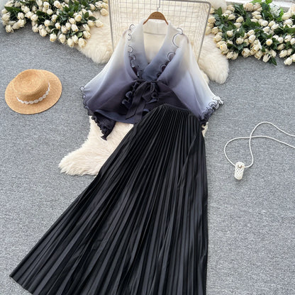 Miyake pli changement progressif couleur bord ondulé costume soleil jupe plissée à la mode et élégant deux pièces ensembles tenues pour femmes