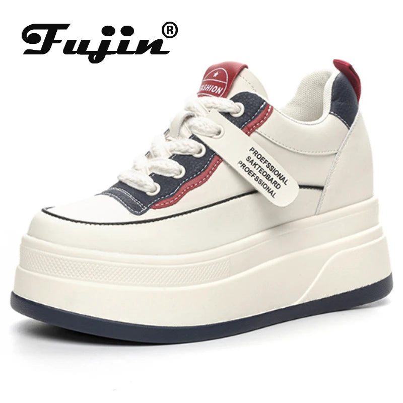 Fujin-Chaussures à l'offre elles compensées en cuir véritable pour femme, grosses chaussures blanches de 9cm, à la mode, automne et été
