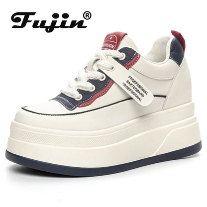 Fujin-Chaussures à l'offre elles compensées en cuir véritable pour femme, grosses chaussures blanches de 9cm, à la mode, automne et été