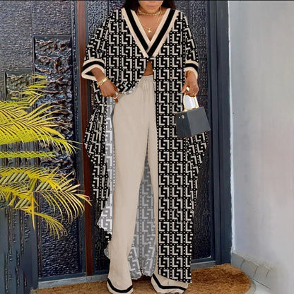 Ensemble haut et pantalon à manches longues pour femmes, col en V, impression de lettres, devant ouvert, décontracté, mode printemps, été, nouveau, 2023