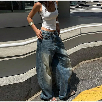 Pantalon en jean Baggy surdimensionné pour femme Y2K Harajuku Hip-hop Vintage Pop gothique taille haute pantalon à jambes larges pantalon Streetwear
