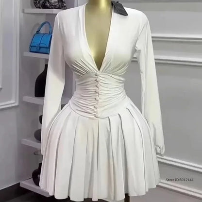 Mini robe de soirée pour femmes, nouvelle collection printemps/été 2021, décontractée, Sexy, plongeante, froncée, manches lanternes, boutons, jupe courte trapèze quotidienne