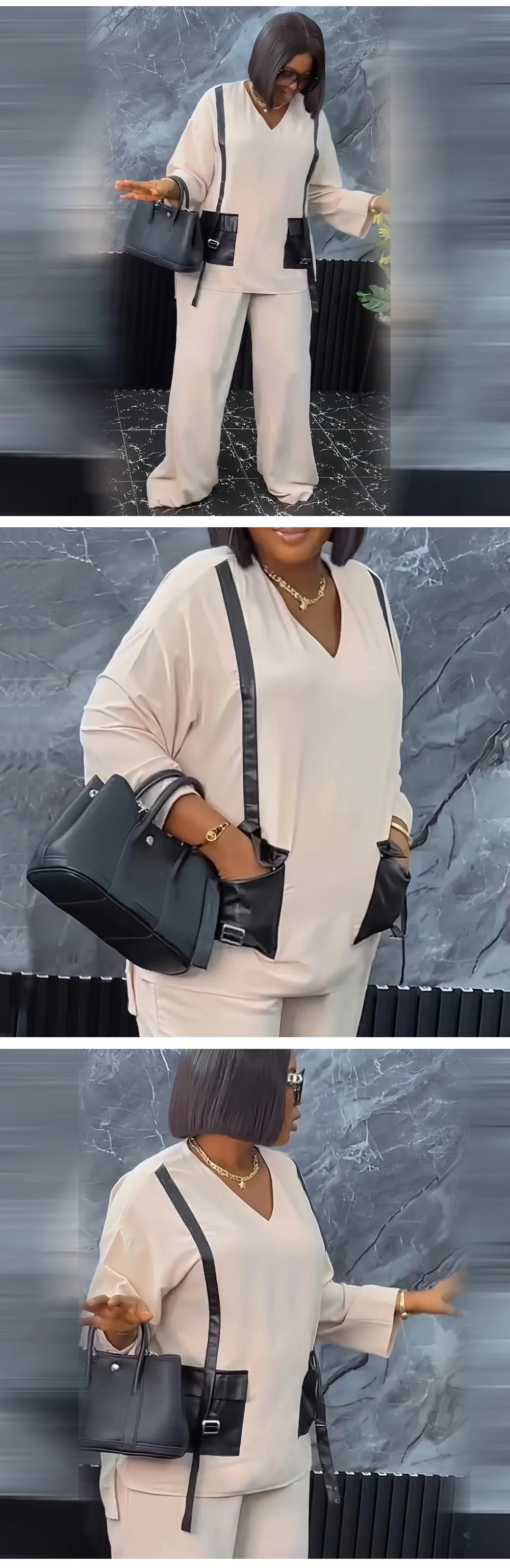 Ensemble deux pièces africain pour femme, pantalon long, ample, noir, poche, col en V, manches longues, grande taille, costume de vacances, sexe, nouveau, 2024