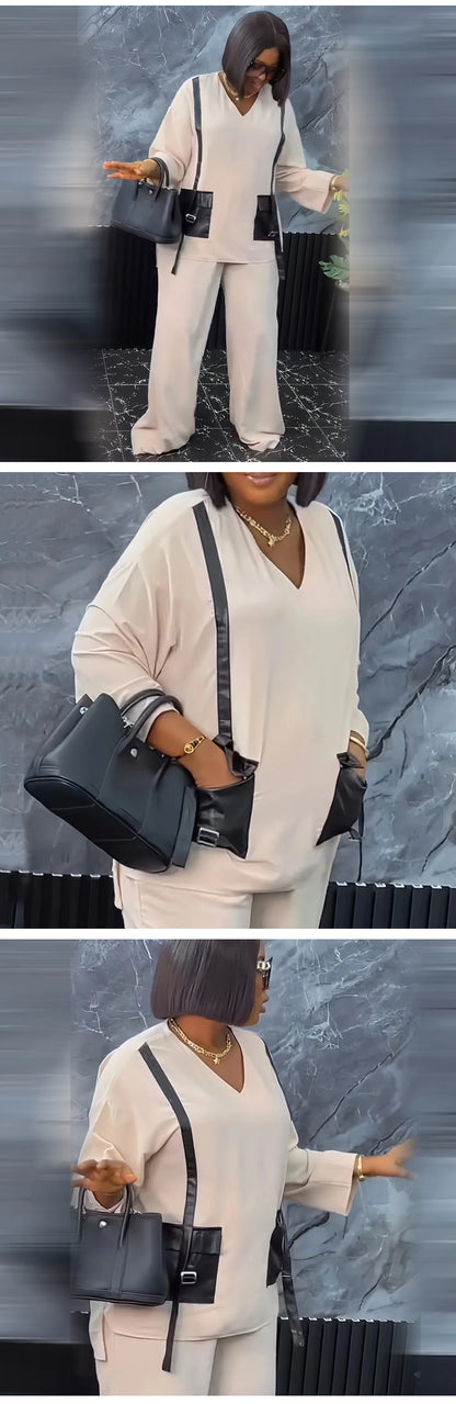 Ensemble deux pièces africain pour femme, pantalon long, ample, noir, poche, col en V, manches longues, grande taille, costume de vacances, sexe, nouveau, 2024