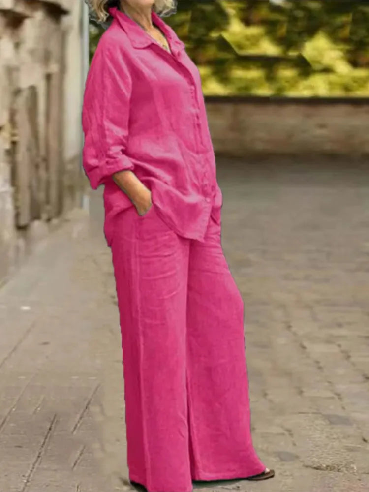 Ensemble 2 pièces en coton et lin pour femmes, chemise à manches longues, jambe large, mode féminine, bureau, printemps, automne