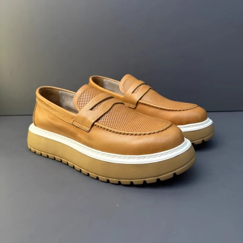 Mocassins en cuir de vachette à plateforme vintage pour hommes, chaussures en cuir véritable, respirant, évider, décontracté, conduite, affaires, été