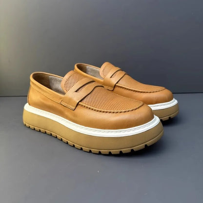 Mocassins en cuir de vachette à plateforme vintage pour hommes, chaussures en cuir véritable, respirant, évider, décontracté, conduite, affaires, été