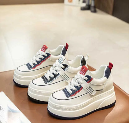 Fujin-Chaussures à l'offre elles compensées en cuir véritable pour femme, grosses chaussures blanches de 9cm, à la mode, automne et été