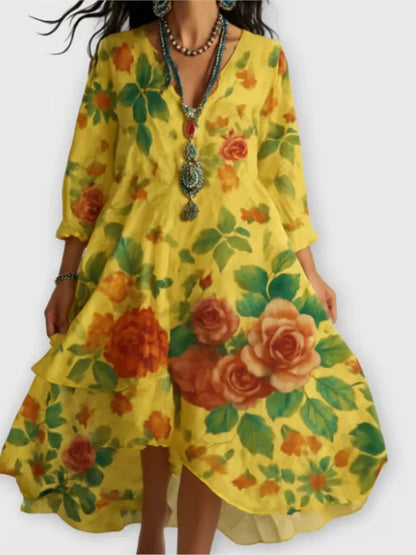 Robe décontractée pour femmes, ample, rétro, imprimé, manches 7-quarts, mode printemps-automne, élégante, bord de mer, vacances, 2025