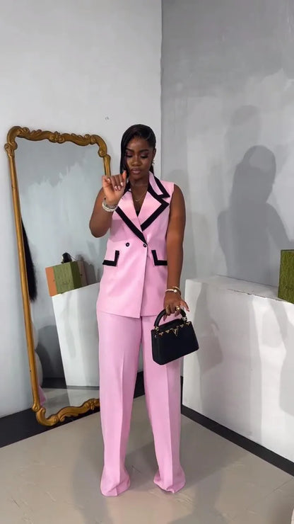 BS -  mode femmes ensemble rayé Patchwork sans manches débardeur Blazer haut et pantalon à jambes larges costume 2025 deux 2 pièces ensembles tenues