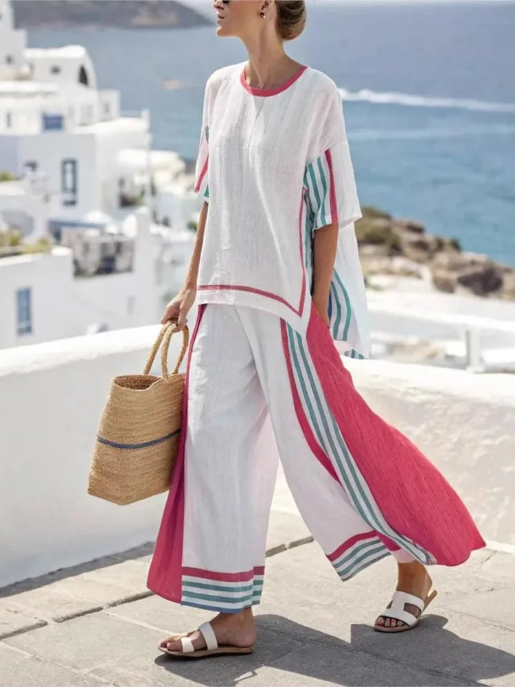 2025 nouvelle rayure femmes mode décontracté ensemble de 2 pièces été haut ample élégant solide bureau vacances pantalon costume femmes vêtements