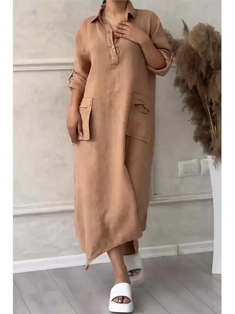 Robe longue en lin à manches longues pour femmes, robe maxi blanche avec poches, élégante, mode décontractée, été, 2024