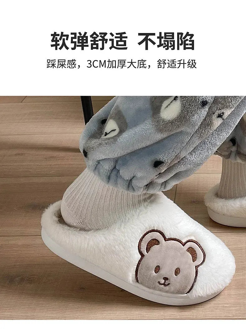 Ours en peluche pantoufles pour femmes hommes mode Kawaii moelleux hiver chaud pantoufles amoureux dessin animé ours en peluche maison chaussures TG03