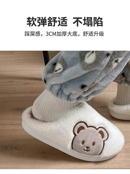 Ours en peluche pantoufles pour femmes hommes mode Kawaii moelleux hiver chaud pantoufles amoureux dessin animé ours en peluche maison chaussures TG03