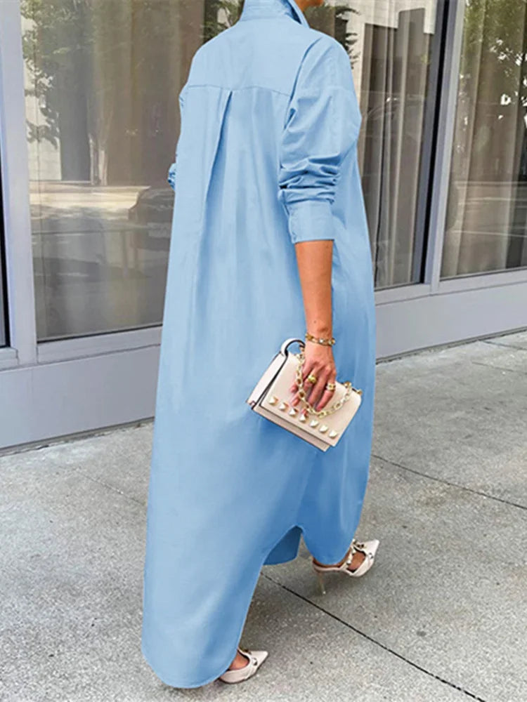 Robe chemise boutonnée à revers pour femmes, robe longue monochrome, streetwear décontracté pour dames, chemise à manches longues pour documents, automne