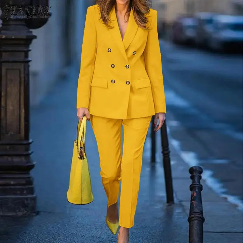 BS- Sublime femmes mode 2 pièces Blazer costumes cranté revers à manches longues Blazer pantalon ensembles élégant bureau dame solide 2 pièces tenues