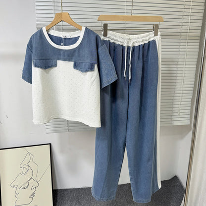 Ensemble deux pièces en Denim pour femmes, ensemble pantalon assorti, Streetwear Y2k, décontracté, perçage à chaud, hauts, jambes larges, pantalons longs, taille haute, 2025