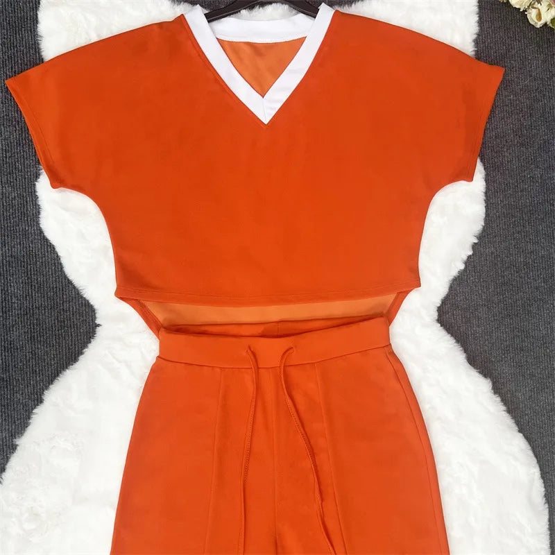 Costume élégant pour femmes, décontracté, col en V, manches courtes, T-shirt et pantalon, ensemble deux pièces, mode d'été, tenue de sport solide