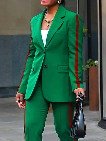 Freeacy 2025 nouveau Blazer décontracté pour femmes manteau Blazer vert à rayures latérales et pantalon taille haute vêtements de banlieue féminins