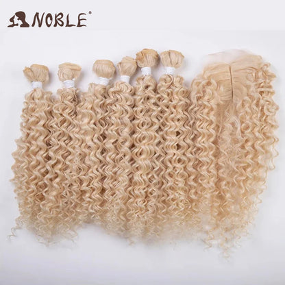 Noble tissage de cheveux synthétiques 16-20 pouces 7 pièces/lot Afro crépus bouclés paquets de cheveux avec fermeture dentelle synthétique pour les femmes noires