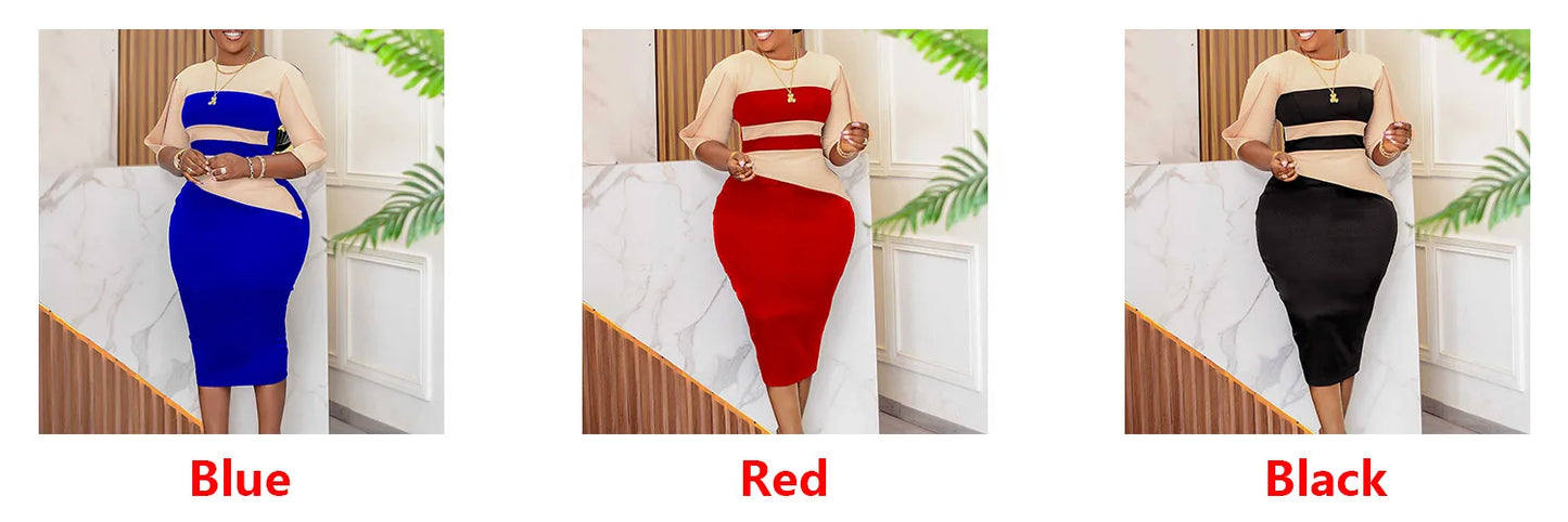 Robes africaines d'été pour femmes élégantes, demi-manches, col rond, en Polyester, noir, bleu, rouge, longueur aux genoux, vêtements africains