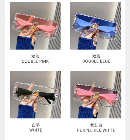 Lunettes de soleil une pièce pour femmes, grande monture rectangulaire incrustée de diamants, avec diamants d'eau