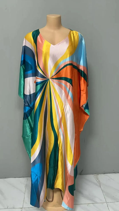 Robe confortable grande taille pour femmes, imprimé Floral, taille ample, jupe longue, manches chauve-souris, col en V, longueur cheville, mode élégante