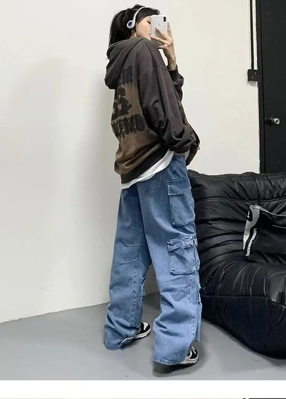 Jean Baggy à jambes larges pour femmes, pantalon Cargo multi-poches, nouvelle mode Harajuku Y2K, Streetwear, jean bleu délavé, 2025