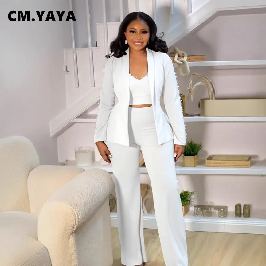 CM.YAYA – costume pantalon élégant pour femmes, Blazer à manches longues + haut assorti, ensemble deux pièces pour travail de rue OL, tenues d'automne en perles, 2025