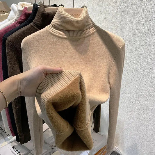 Pull épais à col haut pour femme, haut d'hiver chaud et doux, couleur unie, vêtements intérieurs, chemise à bascule, nouvelle collection 2025