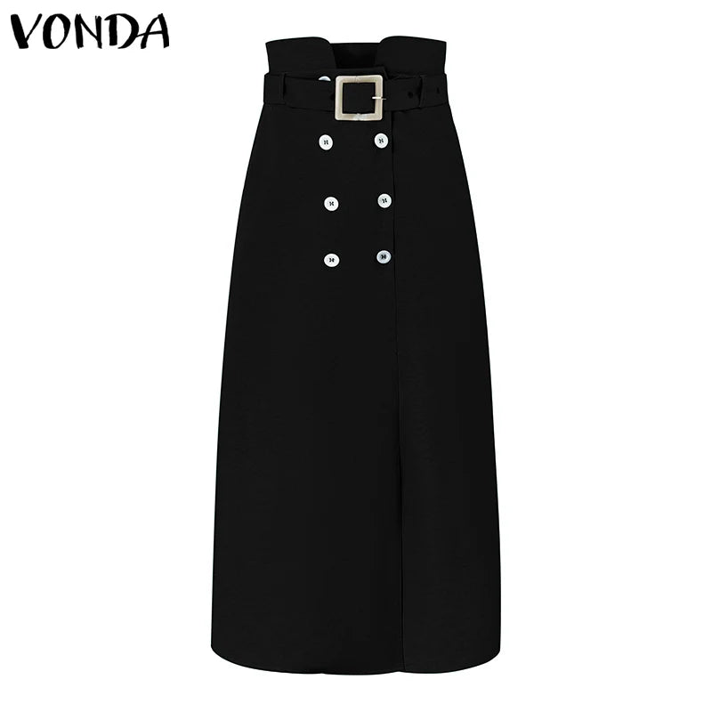 VONDA femmes jupes 2025 décontracté ceinture bouton conception fente longues jupes élégant couleur unie bureau dame bas surdimensionné