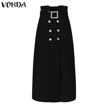 VONDA femmes jupes 2025 décontracté ceinture bouton conception fente longues jupes élégant couleur unie bureau dame bas surdimensionné