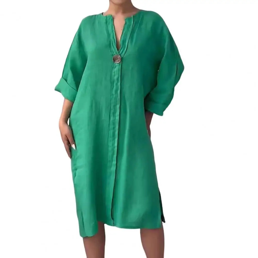 Robe mi-longue à col en V pour femme, tissu doux, robe boutonnée pour femme, robe à col en V, robe trapèze, manches trois quarts