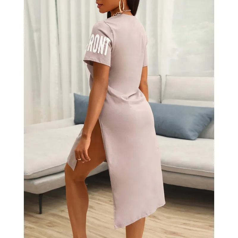 Robe fendue à manches courtes et col rond pour femmes, t-shirt imprimé lettre sexy, printemps, été, 2024