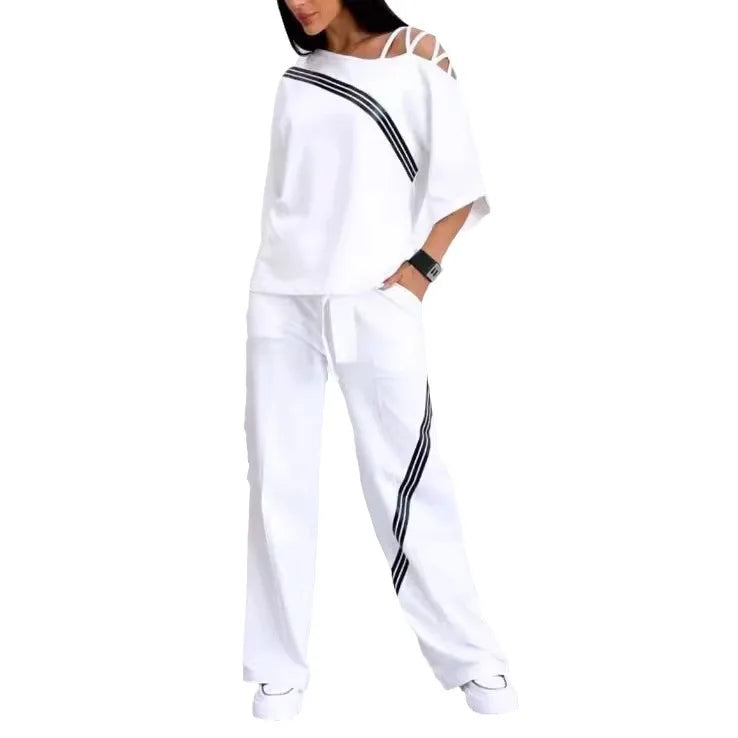Costume de sport deux pièces blanc pour femmes, nouvelle mode, Sexy, épaules dénudées, chemise de sport ample + pantalon décontracté, vêtements de sport en coton pour femmes