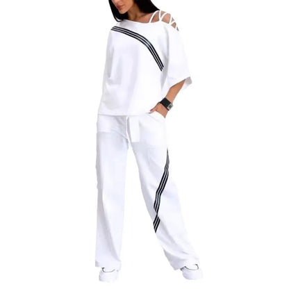 Costume de sport deux pièces blanc pour femmes, nouvelle mode, Sexy, épaules dénudées, chemise de sport ample + pantalon décontracté, vêtements de sport en coton pour femmes