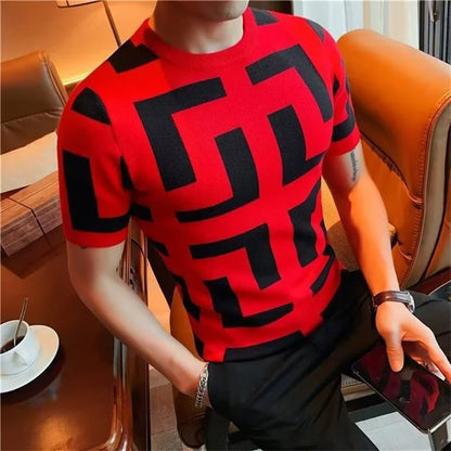 Polo BS été nouveaux hommes mince Vintage à manches courtes tricot t-shirt rayé imprimé col rond graphique t-shirts pour hommes Camiseta Masculina