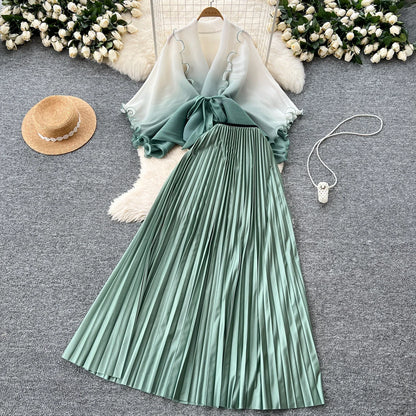 Miyake pli changement progressif couleur bord ondulé costume soleil jupe plissée à la mode et élégant deux pièces ensembles tenues pour femmes