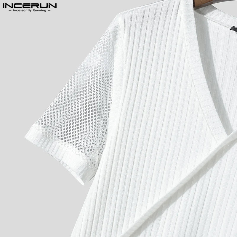 Hauts hommes T-Shirts à manches courtes maille Patchwork hauts t-shirt couleur unie col en V mode vêtements pour hommes Streetwear S-5XL