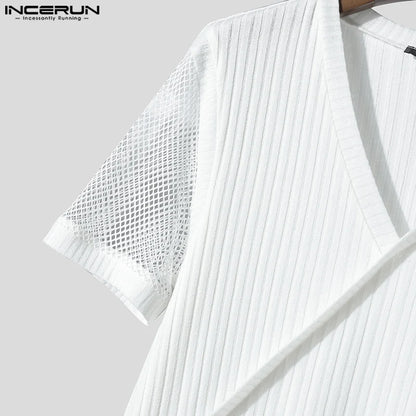 Hauts hommes T-Shirts à manches courtes maille Patchwork hauts t-shirt couleur unie col en V mode vêtements pour hommes Streetwear S-5XL