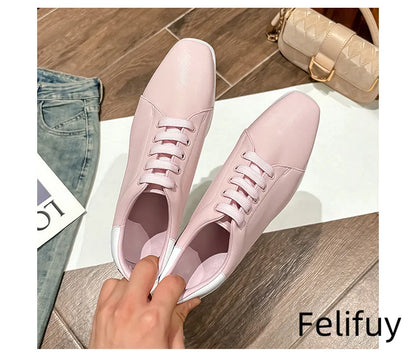 Baskets Blanches en Cuir de Vache pour Femme, Chaussures à Semelle Optique, Décontractées, à Lacets, Confortables, d'Extérieur, de Styliste, Printemps 2024