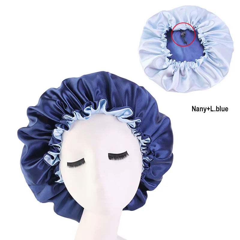Bonnet en Satin réversible pour cheveux, Double couche réglable, couvre-tête pour dormir, accessoires de coiffure bouclés et élastiques