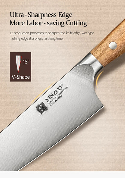 XINZUO 5,83 pouces Bunka couteau de chef allemand DIN 1.4116 acier 56 ± 2 HRC 15 ° Rivets en cuivre avec manche en bois d'olivier à 1 bords avec boîte cadeau