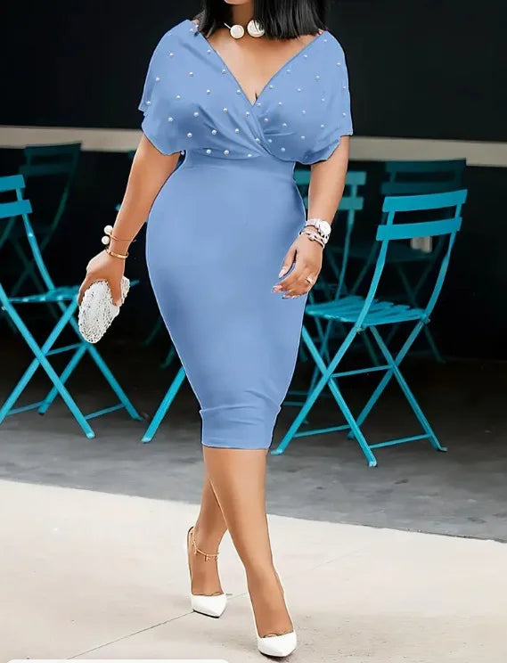 Robe de soirée à la mode pour femmes, Sexy, col en V, robes élégantes aux hanches, couleur unie, Slim, tenue de bureau, été, 2025