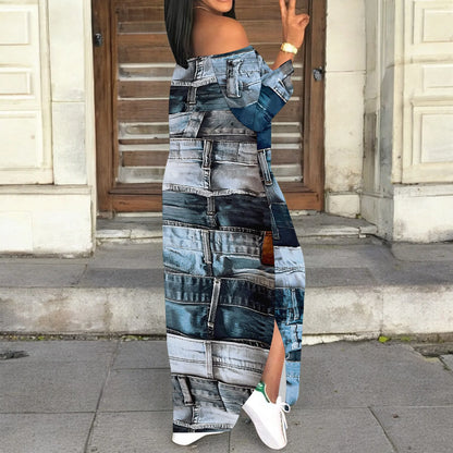 Robe en jean imprimé rétro, manches longues, coupe cintrée, élégante, décontractée, fente, col à une épaule