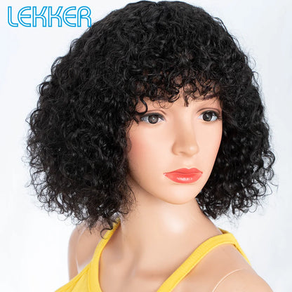 Lekker couleur courte Pixie Afro crépus bouclés Bob 100% perruques de cheveux humains avec frange pour les femmes brésilien Remy cheveux Ombre brun perruques